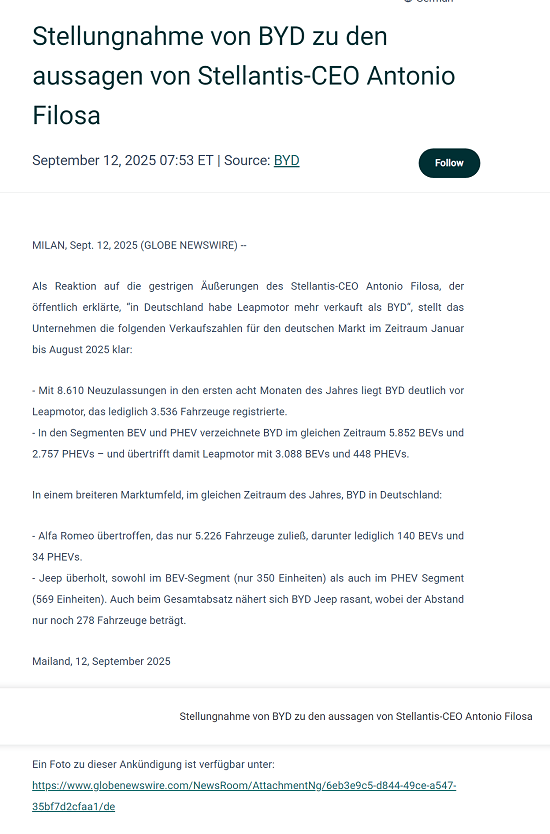 斯特兰蒂斯CEO赞零跑在德销量超比亚迪 后者回应――
